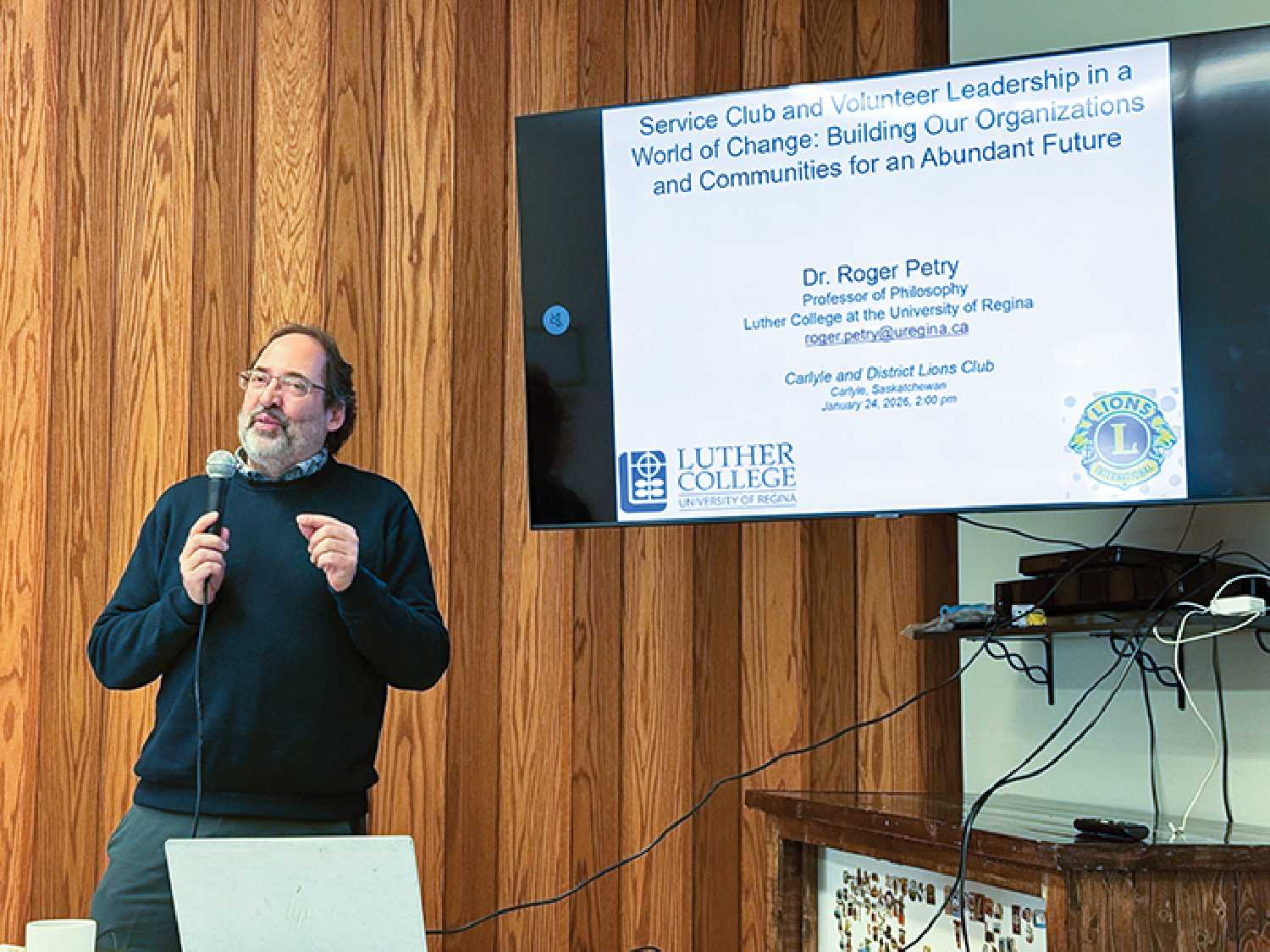 Dr. Roger Petry, a Professor of Philosophy from the Luther College at the University of Regina, spoke to a small crowd about keeping things together in service clubs.